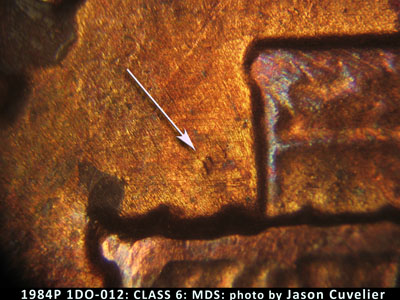 Die-stage B marker on 1984P•1DO•012 (1984 Doubled Die Obverse).