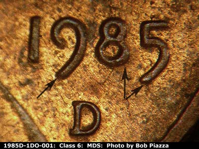 1985 Lincoln cent obverse, CopperCoins die 1985D•1DO•001.