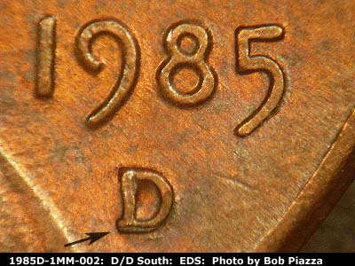 Die-stage A marker on 1985D•1MM•002 (1985 Repunched Mint Mark).