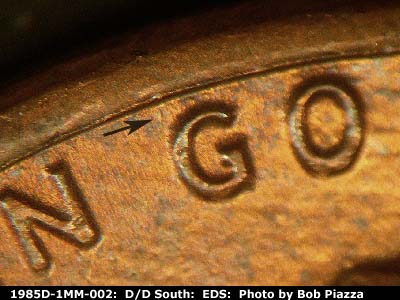 Die-stage A marker on 1985D•1MM•002 (1985 Repunched Mint Mark).