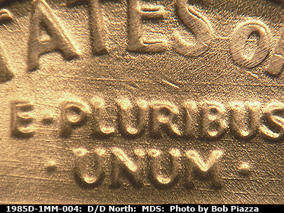 Die-stage B marker on 1985D•1MM•004 (1985 Repunched Mint Mark).