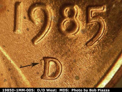 1985 Lincoln cent obverse, CopperCoins die 1985D•1MM•005.