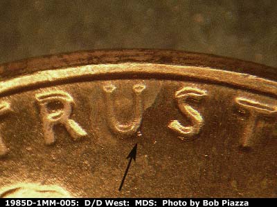 Die-stage B marker on 1985D•1MM•005 (1985 Repunched Mint Mark).