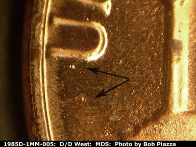Die-stage B marker on 1985D•1MM•005 (1985 Repunched Mint Mark).