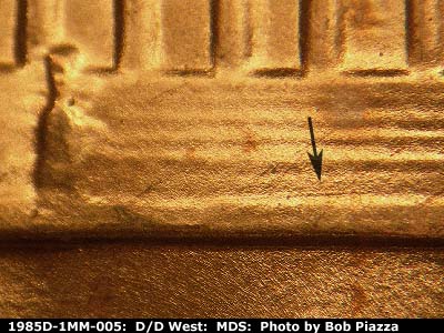 Die-stage B marker on 1985D•1MM•005 (1985 Repunched Mint Mark).