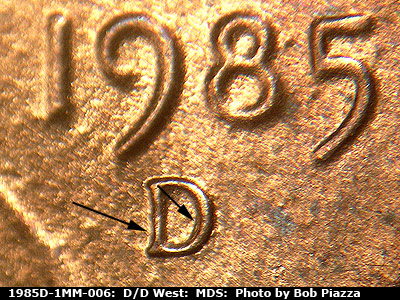 1985 Lincoln cent obverse, CopperCoins die 1985D•1MM•006.