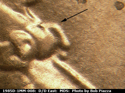 Die-stage B marker on 1985D•1MM•008 (1985 Repunched Mint Mark).