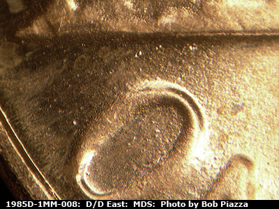 Die-stage B marker on 1985D•1MM•008 (1985 Repunched Mint Mark).
