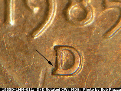 1985 Lincoln cent obverse, CopperCoins die 1985D•1MM•011.