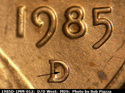 1985 Lincoln cent obverse, CopperCoins die 1985D•1MM•012.