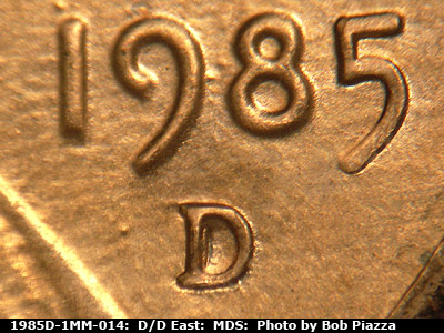 1985 Lincoln cent obverse, CopperCoins die 1985D•1MM•014.