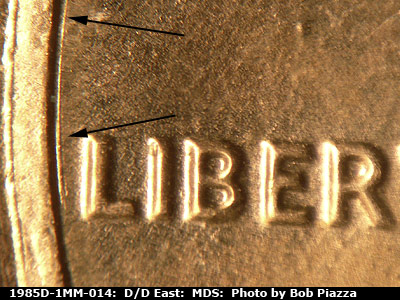 Die-stage B marker on 1985D•1MM•014 (1985 Repunched Mint Mark).