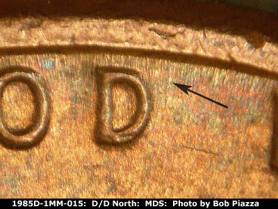 Die-stage B marker on 1985D•1MM•015 (1985 Repunched Mint Mark).