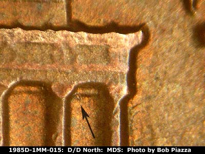 Die-stage B marker on 1985D•1MM•015 (1985 Repunched Mint Mark).