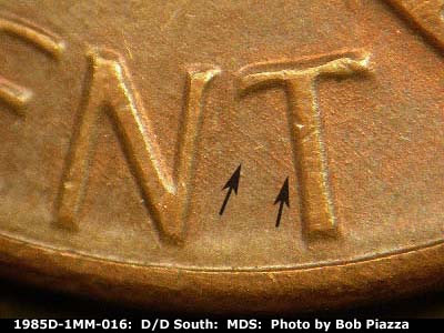 Die-stage B marker on 1985D•1MM•016 (1985 Repunched Mint Mark).