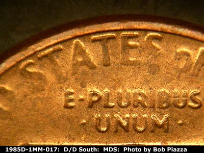 Die-stage B marker on 1985D•1MM•017 (1985 Repunched Mint Mark).