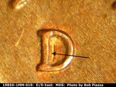 Die-stage B marker on 1985D•1MM•019 (1985 Repunched Mint Mark).