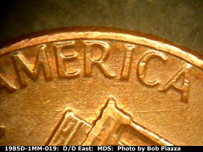 Die-stage B marker on 1985D•1MM•019 (1985 Repunched Mint Mark).