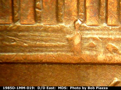 Die-stage B marker on 1985D•1MM•019 (1985 Repunched Mint Mark).