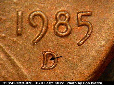 1985 Lincoln cent obverse, CopperCoins die 1985D•1MM•020.