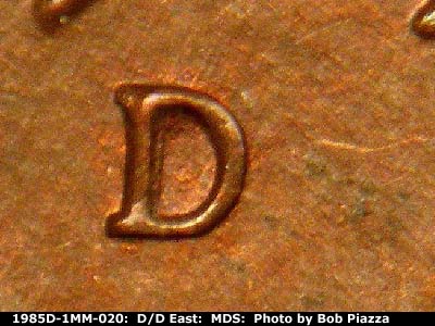 Die-stage B marker on 1985D•1MM•020 (1985 Repunched Mint Mark).