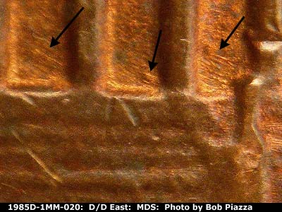 Die-stage B marker on 1985D•1MM•020 (1985 Repunched Mint Mark).
