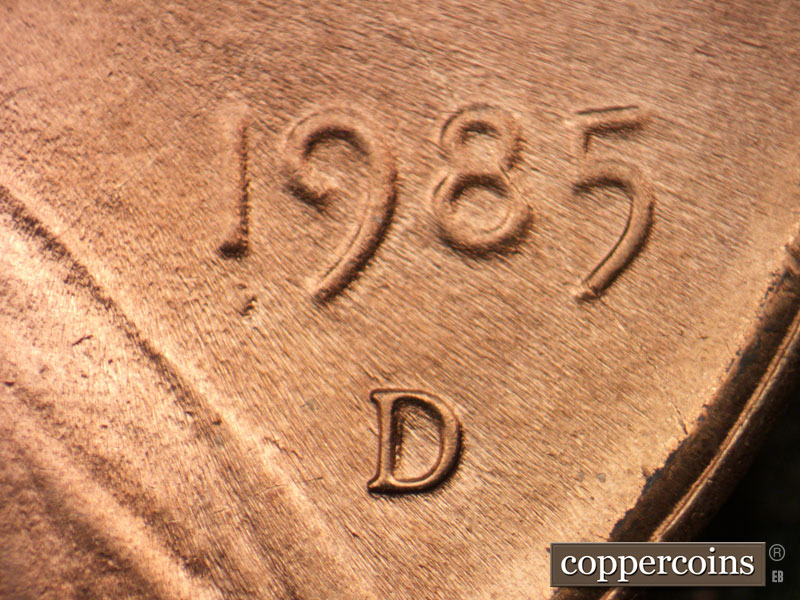 Die-stage B marker on 1985D•1MM•021 (1985 Repunched Mint Mark).