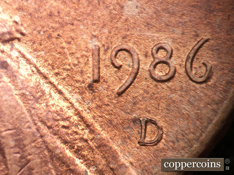 Die-stage B marker on 1986D•1MM•001 (1986 Repunched Mint Mark).