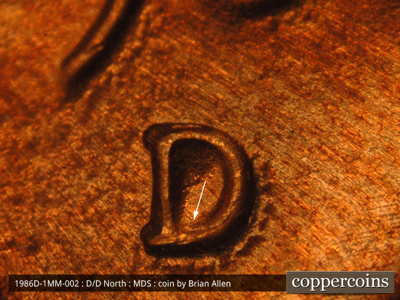 1986 Lincoln cent obverse, CopperCoins die 1986D•1MM•002.