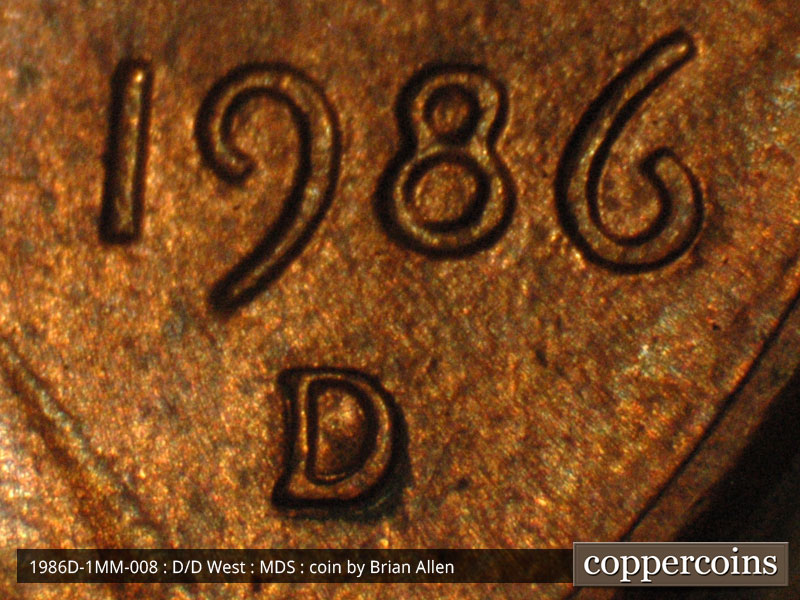 Die-stage B marker on 1986D•1MM•008 (1986 Repunched Mint Mark).