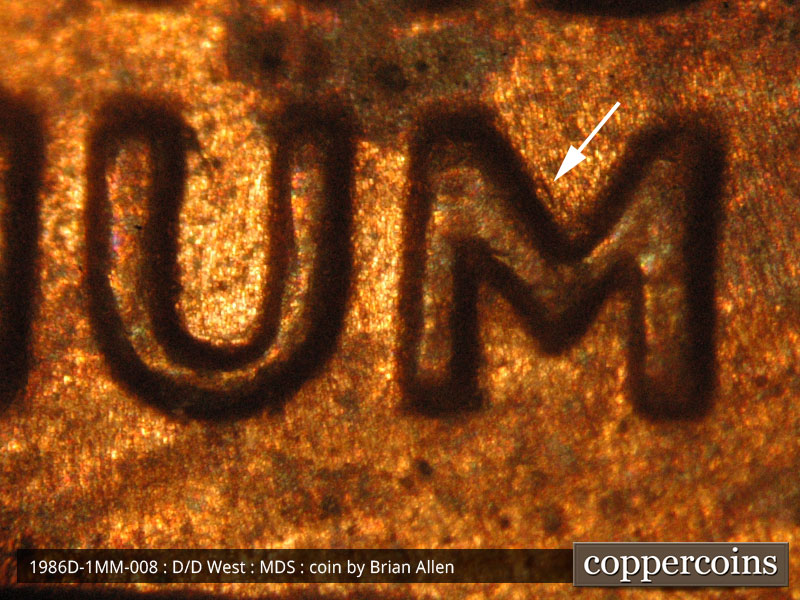 Die-stage B marker on 1986D•1MM•008 (1986 Repunched Mint Mark).