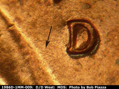 Die-stage B marker on 1986D•1MM•009 (1986 Repunched Mint Mark).