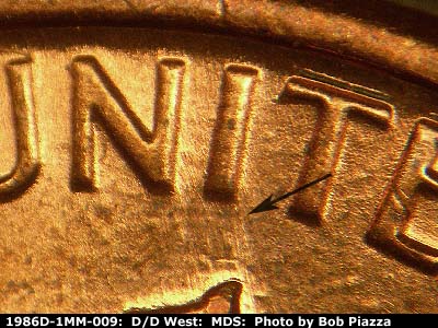 Die-stage B marker on 1986D•1MM•009 (1986 Repunched Mint Mark).