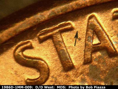 Die-stage B marker on 1986D•1MM•009 (1986 Repunched Mint Mark).