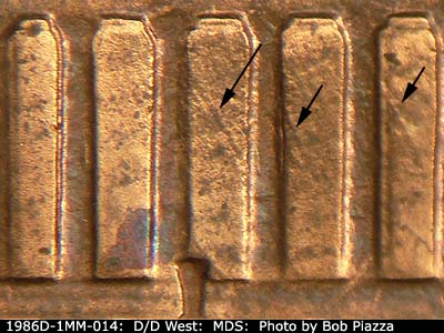 Die-stage B marker on 1986D•1MM•014 (1986 Repunched Mint Mark).