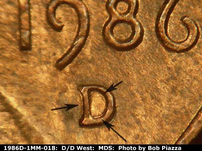 1986 Lincoln cent obverse, CopperCoins die 1986D•1MM•018.