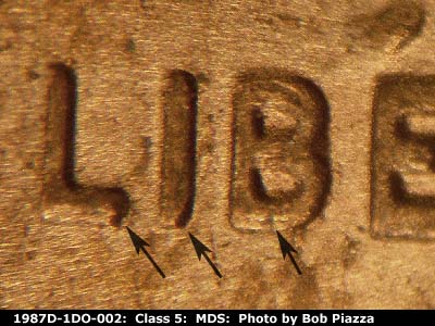 1987 Lincoln cent obverse, CopperCoins die 1987D•1DO•002.