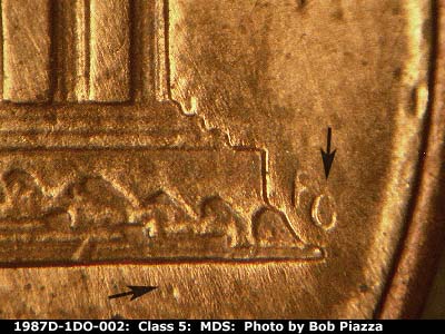 Die-stage B marker on 1987D•1DO•002 (1987 Doubled Die Obverse).