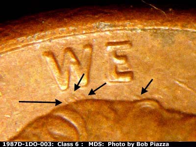 Die-stage B marker on 1987D•1DO•003 (1987 Doubled Die Obverse).