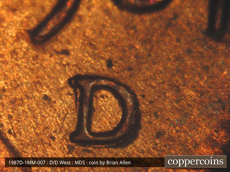 1987 Lincoln cent obverse, CopperCoins die 1987D•1MM•007.