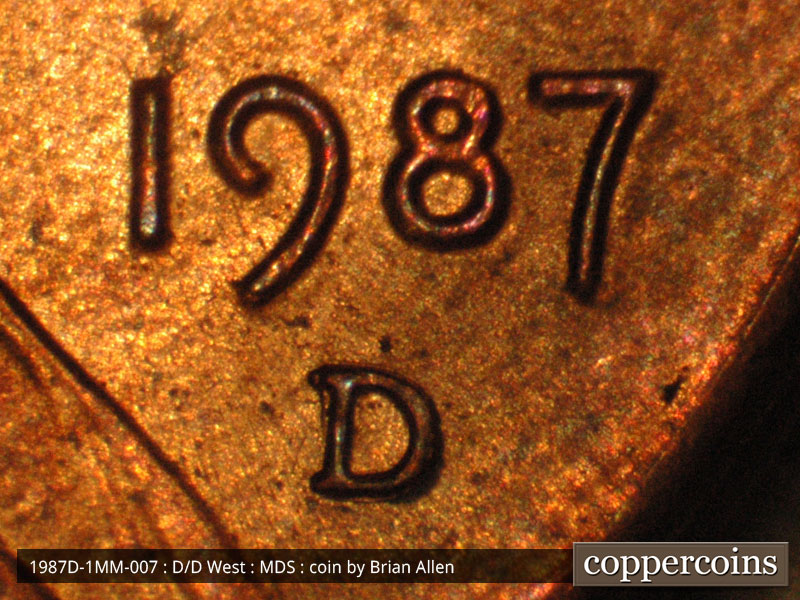 Die-stage B marker on 1987D•1MM•007 (1987 Repunched Mint Mark).