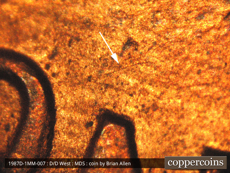 Die-stage B marker on 1987D•1MM•007 (1987 Repunched Mint Mark).
