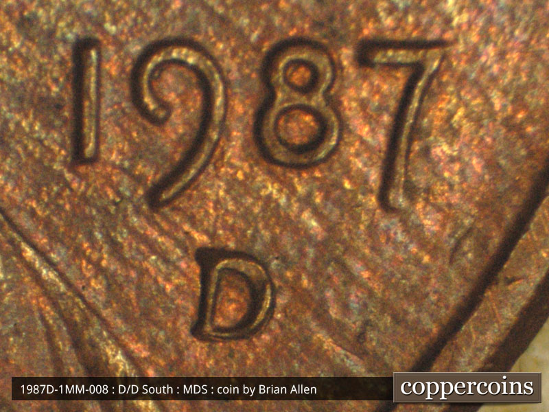 Die-stage B marker on 1987D•1MM•008 (1987 Repunched Mint Mark).