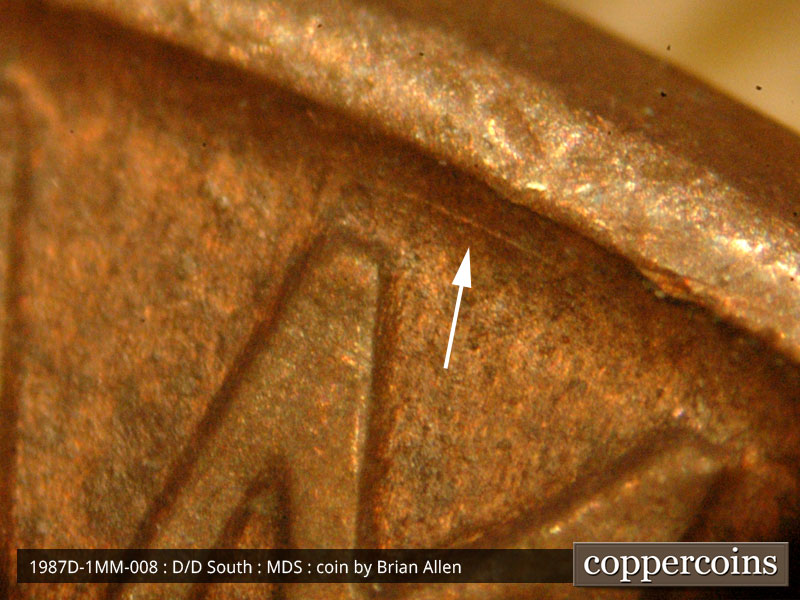 Die-stage B marker on 1987D•1MM•008 (1987 Repunched Mint Mark).