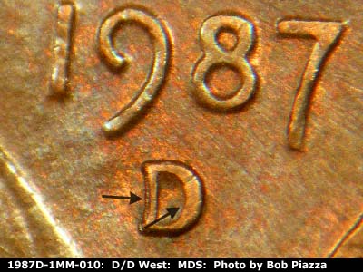 1987 Lincoln cent obverse, CopperCoins die 1987D•1MM•010.