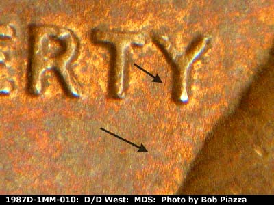 Die-stage B marker on 1987D•1MM•010 (1987 Repunched Mint Mark).