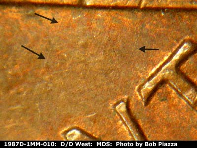 Die-stage B marker on 1987D•1MM•010 (1987 Repunched Mint Mark).