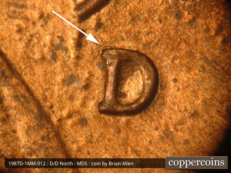 1987 Lincoln cent obverse, CopperCoins die 1987D•1MM•012.