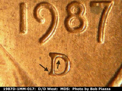 1987 Lincoln cent obverse, CopperCoins die 1987D•1MM•017.