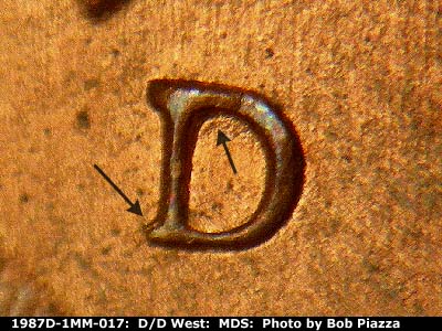 Die-stage B marker on 1987D•1MM•017 (1987 Repunched Mint Mark).